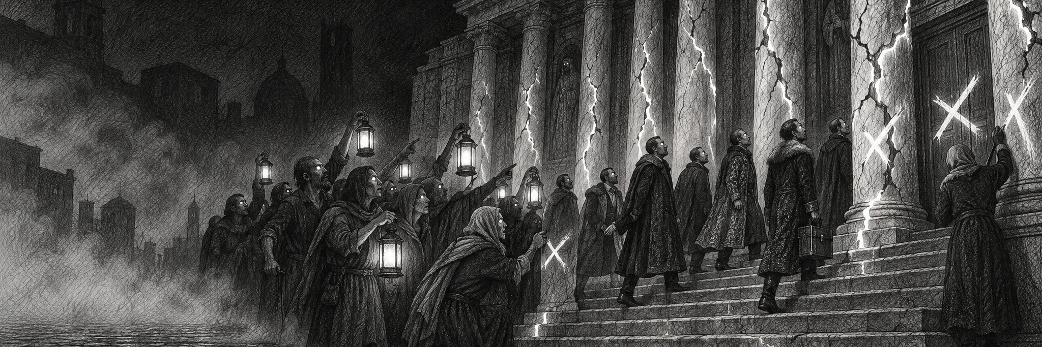 Artwork: townspeople with lanterns point at a cracked temple and paint warning marks on it while merchants walk up the steps looking away