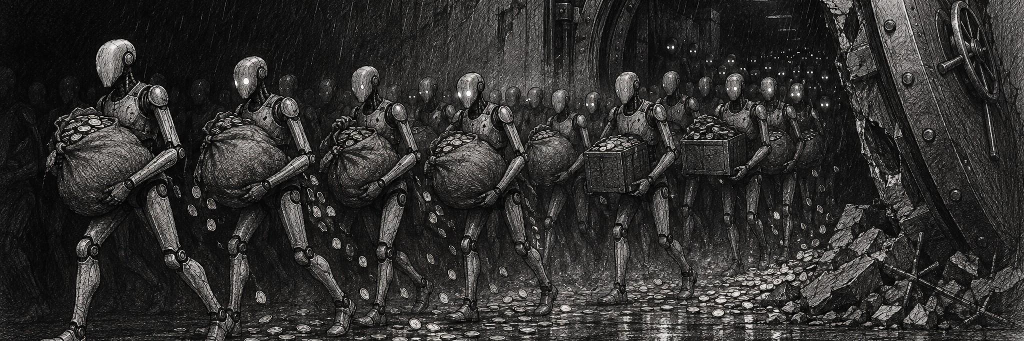 Sybil attack artwork: a line of identical robots carries sacks and crates of coins out of a broken vault in the rain