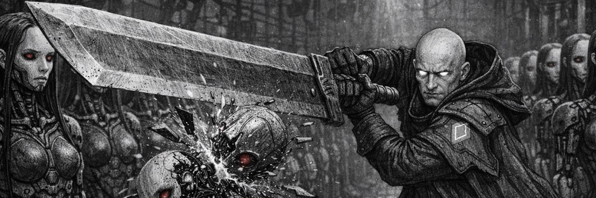 Human Verification artwork: a hooded figure wearing the Ethos mark swings a great sword through a line of red-eyed robots