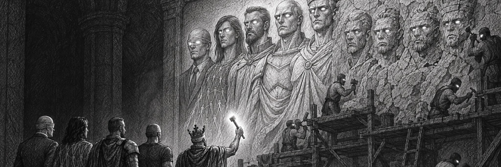 Teams artwork: five founders watch masons carve their likeness into a wall, half finished and noble, half rough, as one founder raises a glowing hammer